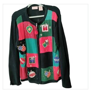 Vintage Basic Editions Holiday Sweater Patchwork Embroidered Zip Up Knit